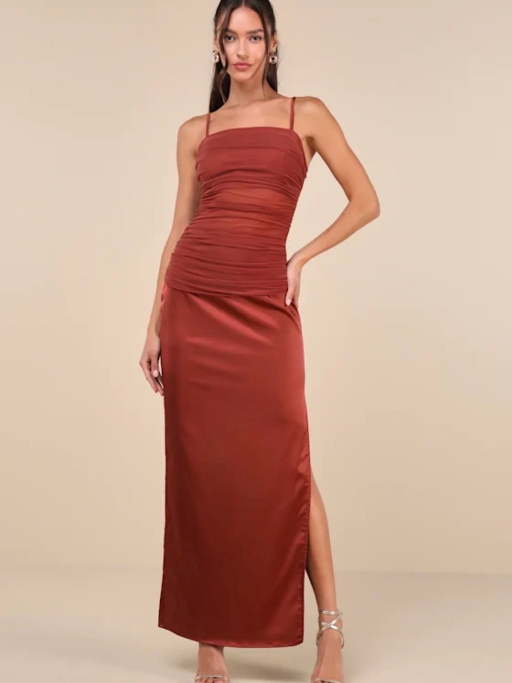 Lulu's Rust Satin Ruched Maxi Dress